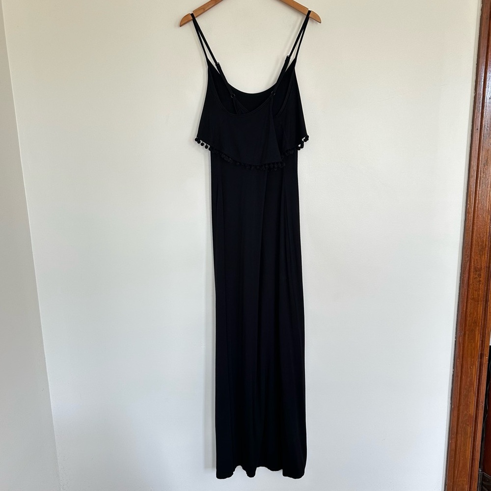 Bebe Rhinestone Logo Maxi Dress Off-Shoulder Pom Pom Trim Size XL Y2K Bling - Picture 4 of 11